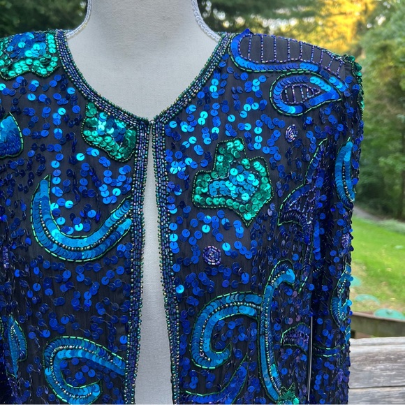Vintage Laurence Kazar full Sequin and Beaded Blue and Green Silk Blazer Jacket - Picture 6 of 17